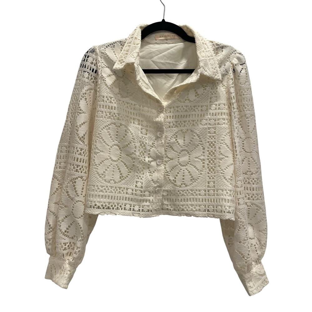 Maraislise Cropped Floral Crochet Lace Blouse Cream Small